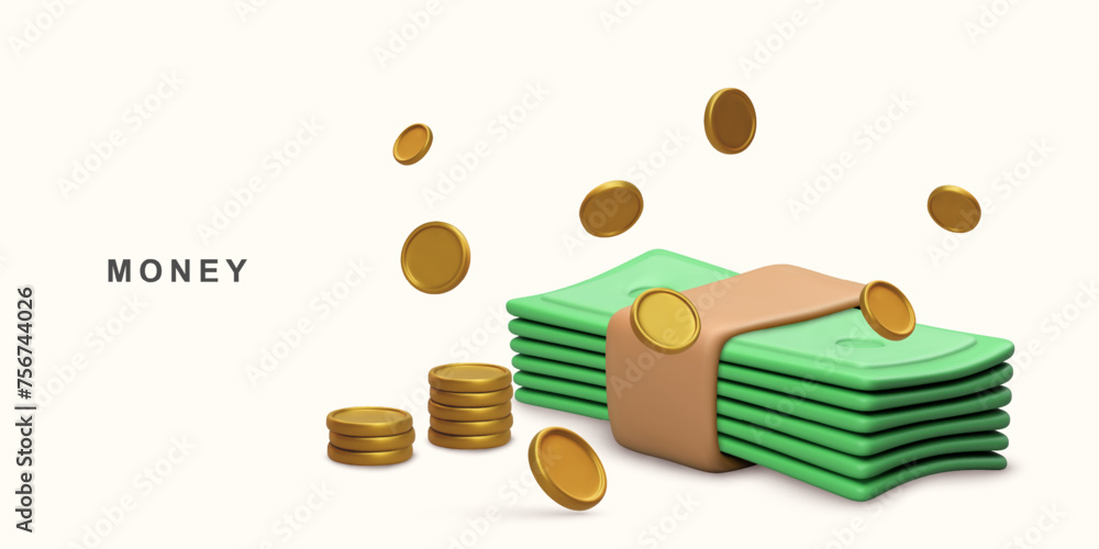 3d Realistic Bundle cash and flyaning coins. Vector illustration.