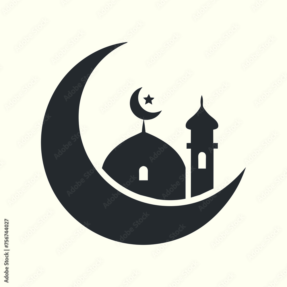 Mosque in The Night, Moon in The Sky, Happy Family With Child Mosque in The Night, Moon in The Sky, Happy Family With Child