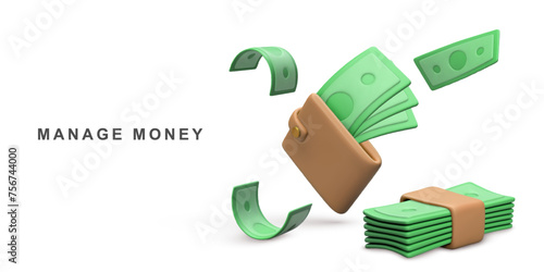 3d Realistic wallet cash and flying money. Vector illustration.