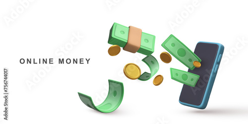 3D Realistic mobile phone with falling green dollar stack and gold coins. Vector illustration.