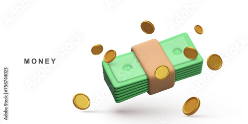 3d Bundle cash and flyaning coins. Vector illustration.