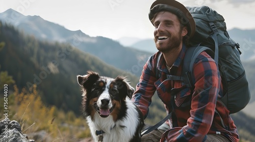 Portrait of happy man with backpack and australian shepherd dog in mountains photo
