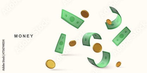 3d Realistic cash and flyaning coins. money saving. Vector illustration.