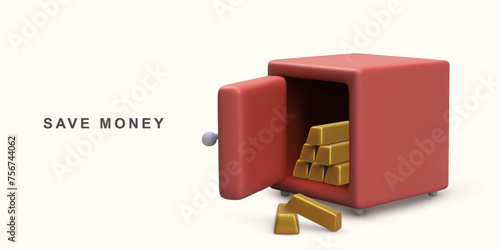 3d Realistic concept Safe Money coins and stacks of dollar cash. Vector illustration.