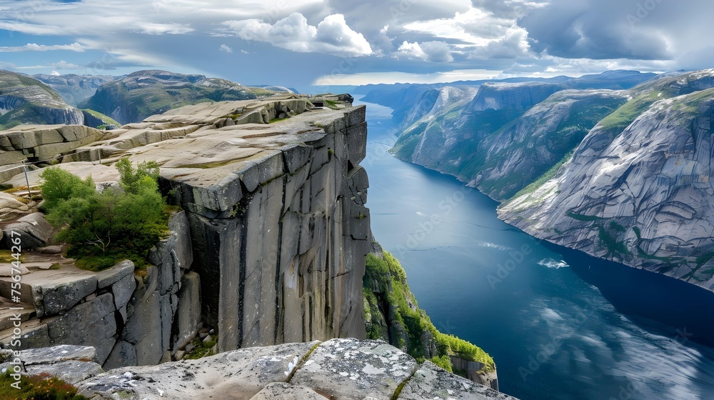 Preikestolen Lysefjord. Famous stone cliff above fjord in norway - obrazy, fototapety, plakaty 