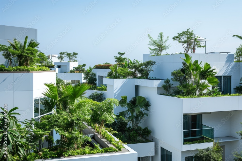White buildings crowned with rooftop gardens, mirroring the sky, illustrate a blend of modern living with environmental mindfulness.