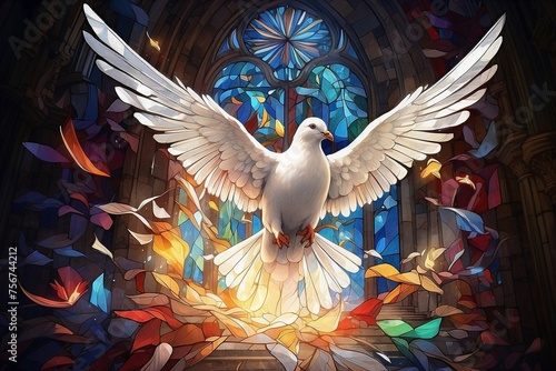 Espírito Santo em forma de pomba voando na frentre de um vitral IA Generativa photo
