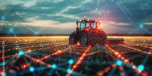 The concept of automation and the use of artificial intelligence in agriculture when processing the soil with a tractor before sowing a crop.
