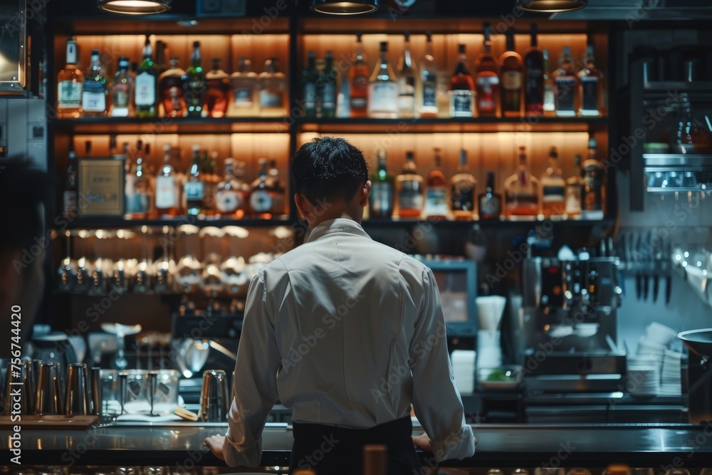 Rear view of a bartender is standing in his bar
