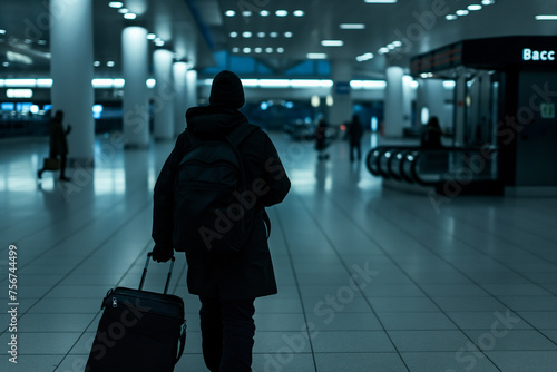Person with a suitcase walking through an airport