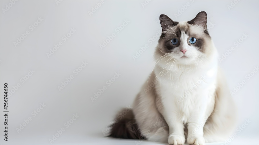 Ragdoll cat with blue eyes sitting on a white background