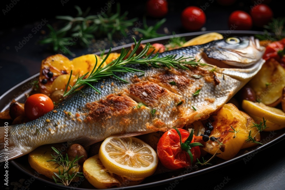 Baked fish with vegetables, closeup view Baked fish with vegetables, closeup view