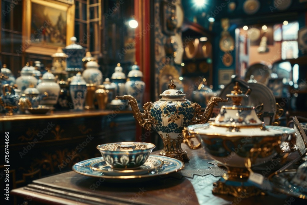 A variety of antique teapots and cups displayed on a table. Perfect for vintage decor ideas A variety of antique teapots and cups displayed on a table. Perfect for vintage decor ideas