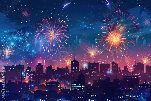Vibrant fireworks lighting up the night sky over a bustling city. Perfect for celebrating special events or holidays
