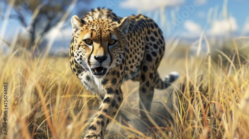 Majestic cheetah strolling through grass, perfect for wildlife themes