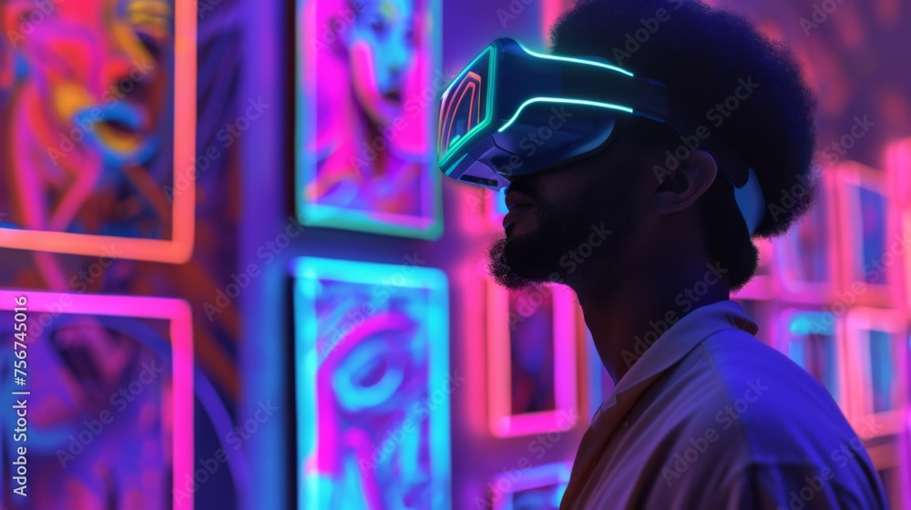 Captured in profile, a person engages with a strikingly vivid virtual reality art installation, their VR headset casting an otherworldly neon glow against the backdrop of eclectic digital portraits. Captured in profile, a person engages with a strikingly vivid virtual reality art installation, their VR headset casting an otherworldly neon glow against the backdrop of eclectic digital portraits.