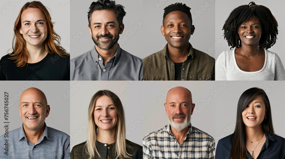 Fototapeta premium Smiles Unite: Composite Portrait of Headshots Featuring a Diversity of People on a Clean White Background