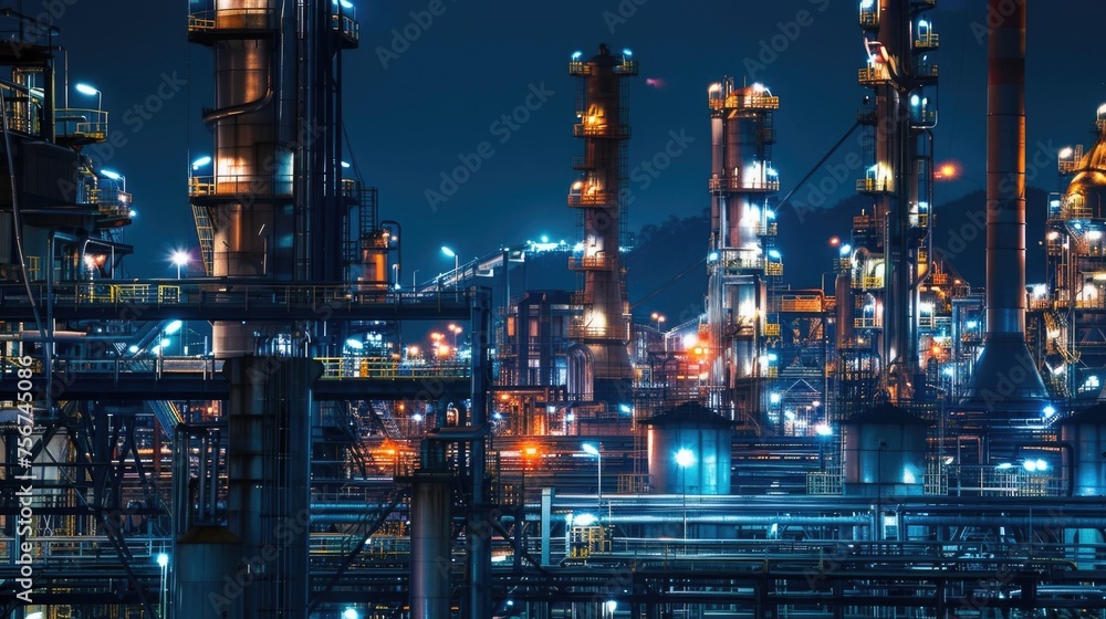 A large oil refinery illuminated at night. Suitable for industrial concepts