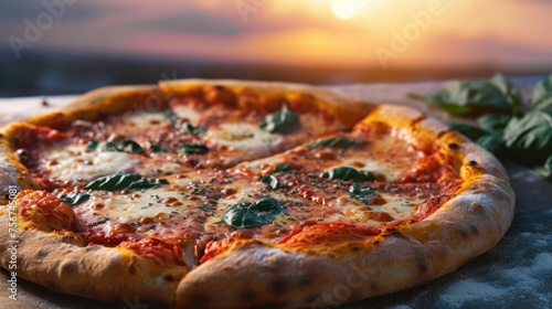 The last rays of the sun cast a warm glow over a freshly baked Margherita pizza, its cheese perfectly melted and basil leaves vibrant