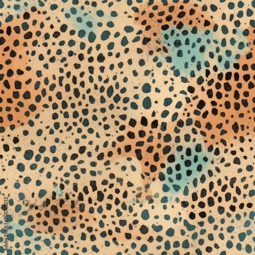 Seamless pattern with teal and ochre leopard spots in a watercolor style  perfect for fabric and decor.