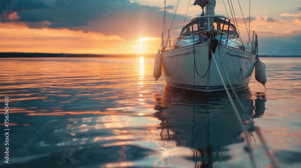 A peaceful sailboat floating on the water at sunset. Perfect for travel and nature concepts