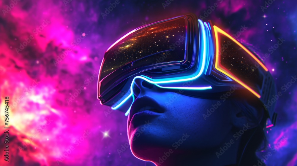 Captivated by the digital universe of a VR concert, a fan is enveloped in a symphony of colors, their headset echoing the vast expanse of the virtual cosmos.
