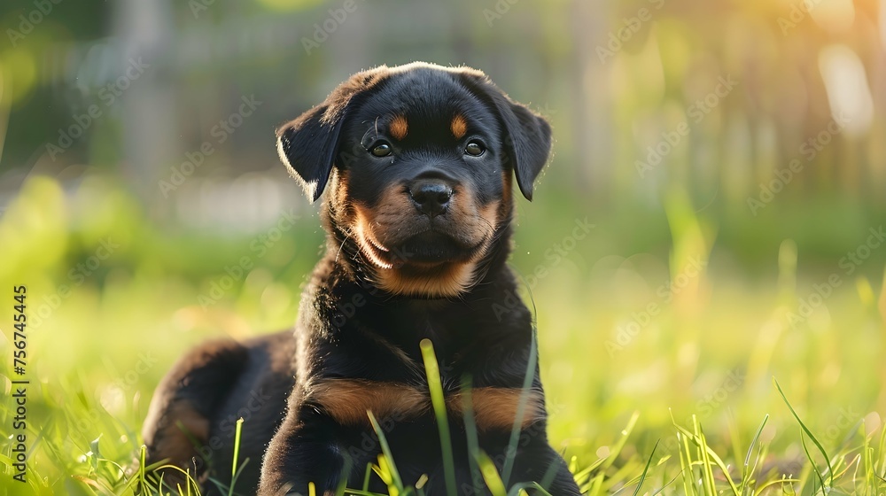 Rottweiler puppy in nature. dog on the grass. pet in park Rottweiler puppy in nature. dog on the grass. pet in park