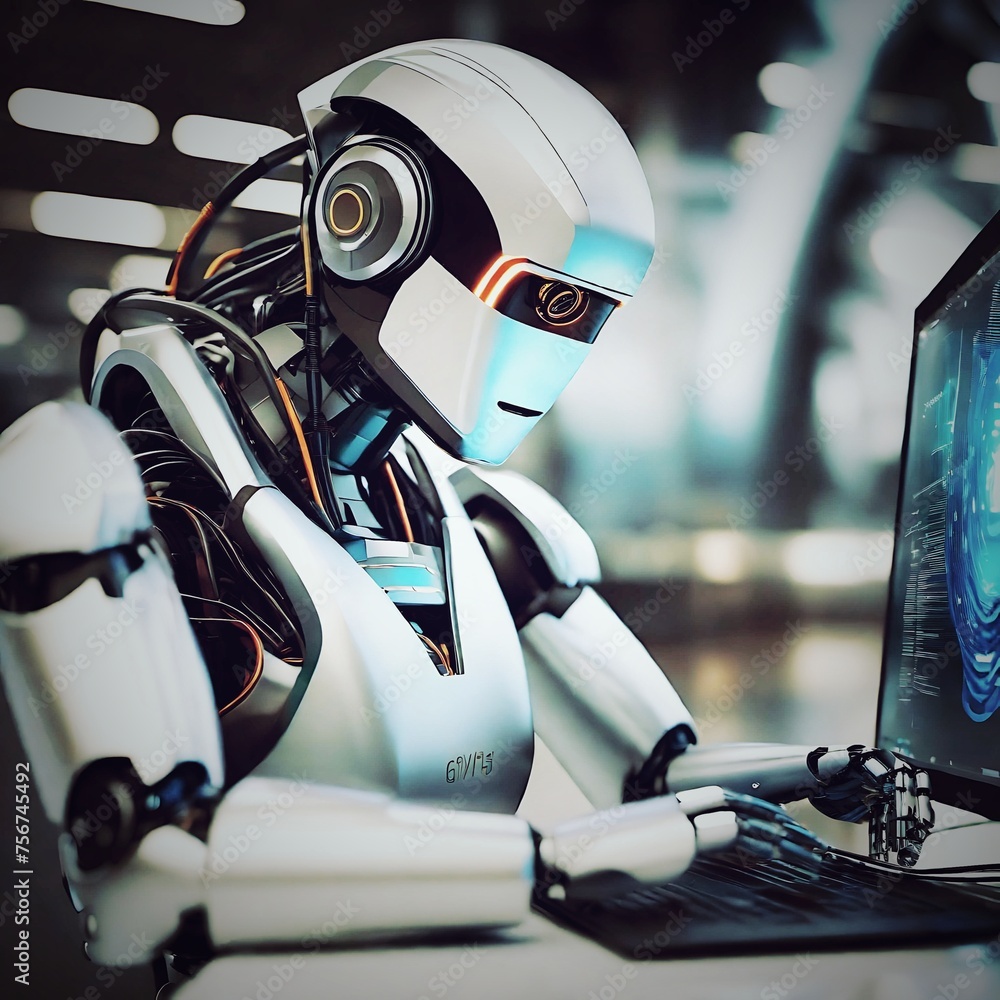 Fototapeta premium Robot Android Computer Laptop Office artificial intelligence. A robot sits at a futuristic desk with a computer, blue lighting, and a laptop. Working on the keyboard
