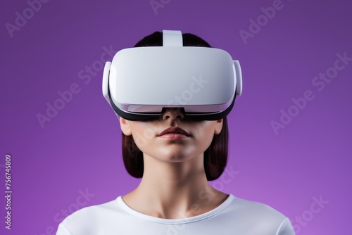 Woman with modern vr glasses, face portrait, purple studio empty background. Female wearing virtual reality glasses. VR technology advertising banner © SD Danver