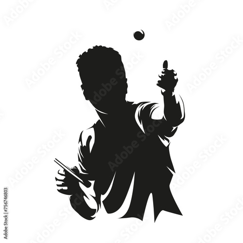 Table tennis, man playing ping pong. Serving in table tennis, isolated vector silhouette