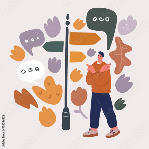 Vector illustration of Person's standing at tile pavement crossroad with arrows print pointing in three different directions. Three ways to choose making decision which way to go.