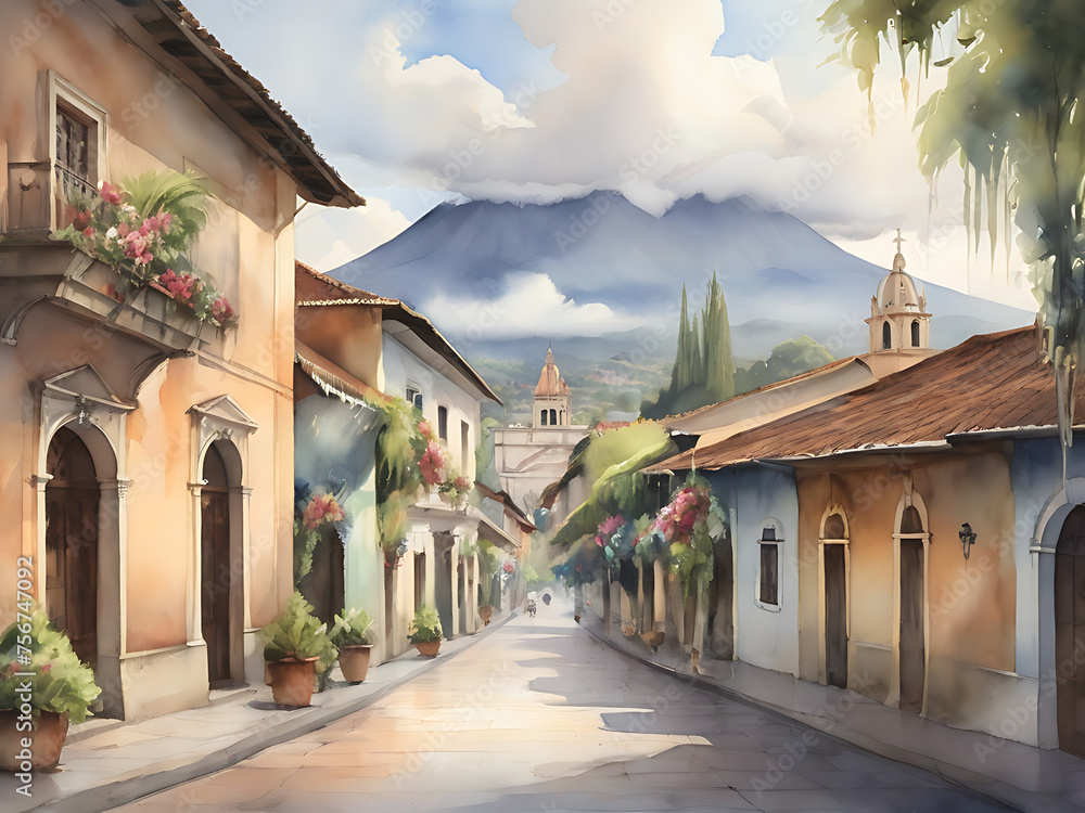 Impressionist Watercolor art Ancient Guatemalan Volcano - obrazy, fototapety, plakaty 