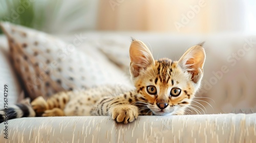 Serval wild cat at home interior. African spotted kitten. Yellow golden fur with black dot and big fluffy ears. Cute savannah cat. Funny adorable pets at cozy home. Postcard concept