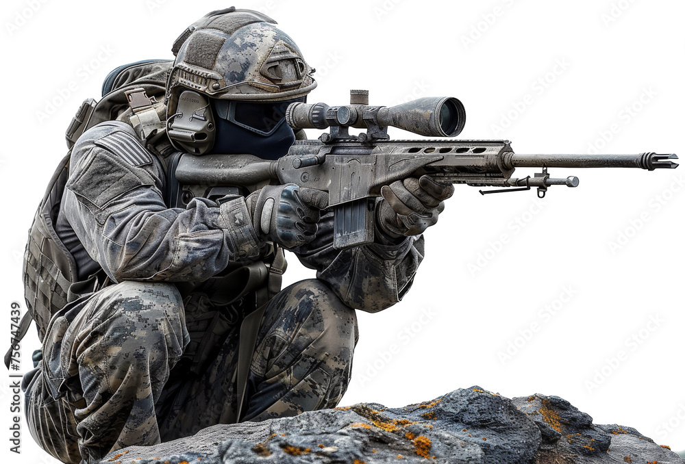 Camouflaged soldier aiming with precision and focus, cut out - stock png. Camouflaged soldier aiming with precision and focus, cut out - stock png.