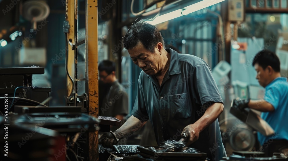 person working in factory, Asian man working in a factory.