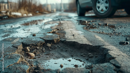 Damaged asphalt road surface with pothole. Close-up shot of a pothole on a weathered, cracked asphalt road with vehicles in the background