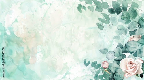 Pale Eucalyptus Foliage and Roses Watercolor Background Generative AI