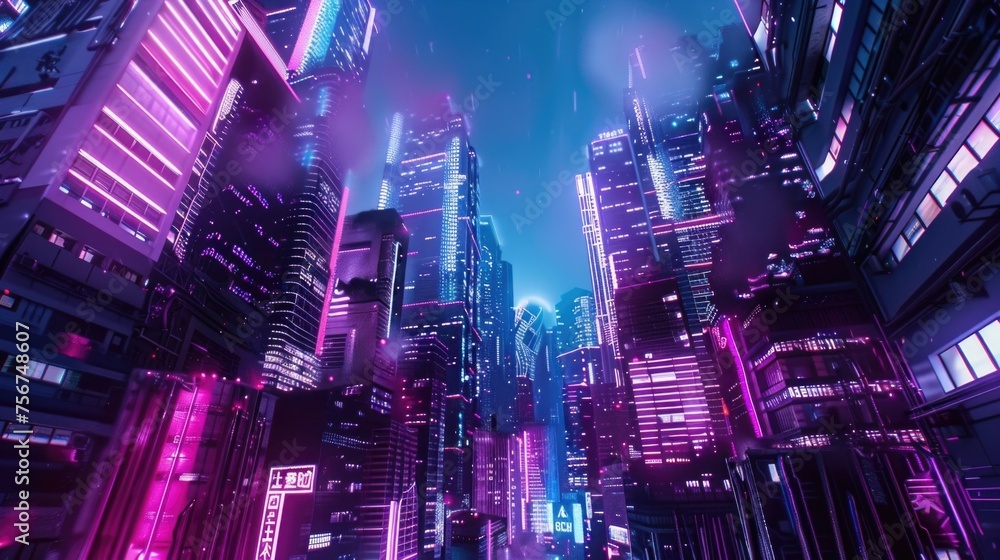 Urban cityscape with vibrant neon lights, ideal for city nightlife concepts