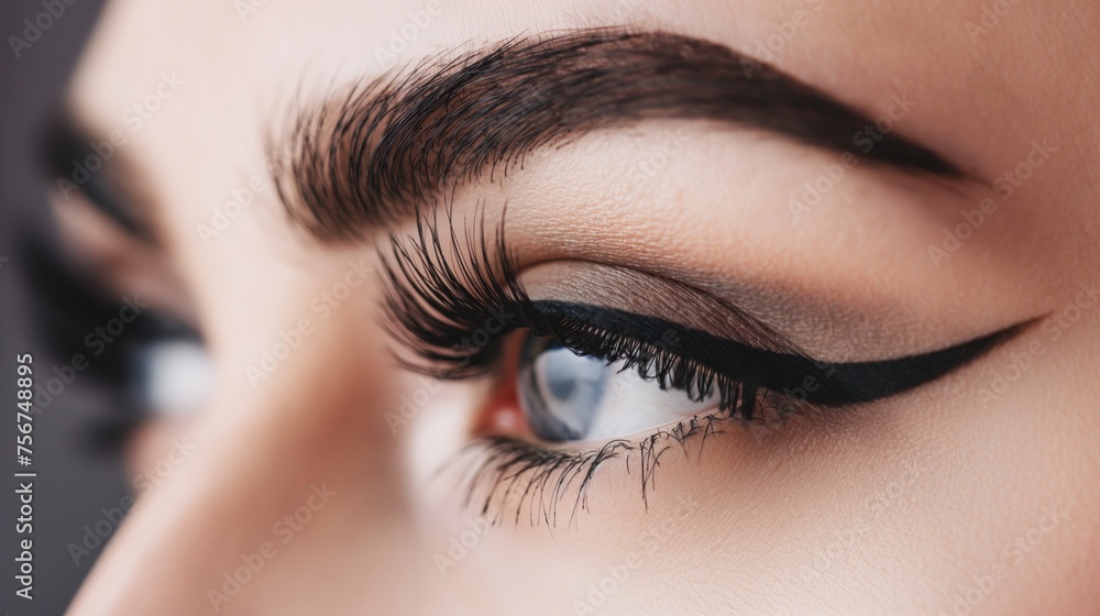 Naklejka premium Female eyes with extremely long eyelashes and black liner makeup, Perfect shape make-up and long eyelash extensions, Cosmetics make-up of fashion eyes visage