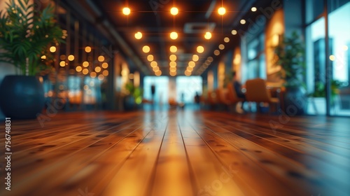 A potted plant sits on a wooden table in a luxury modern office with a blurred background.