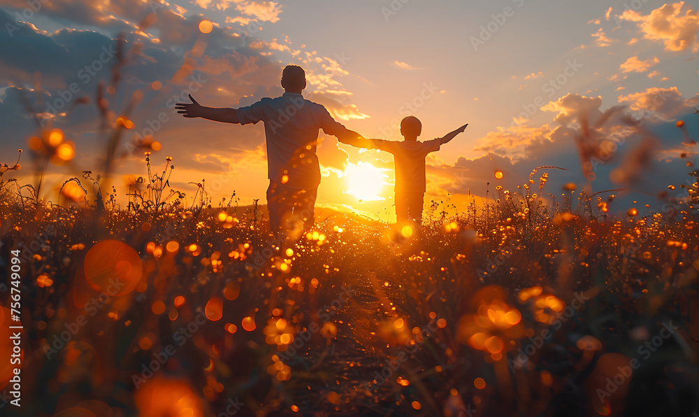 Silhouettes of father and child with arms raised at sunset in field. Outdoor photography with family, freedom, and happiness concept. Design for motivational poster, family activity flyer - obrazy, fototapety, plakaty 
