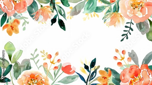 Watercolor Florals Border on White Background Generative AI