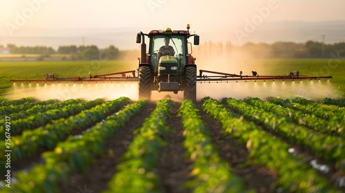 Spraying pesticide with tractor on agriculture field.