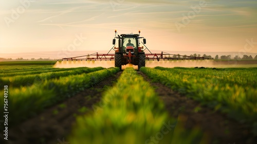Spraying pesticide with tractor on agriculture field.