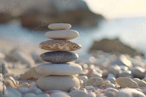 A stack of rocks on a sandy beach. Suitable for travel websites