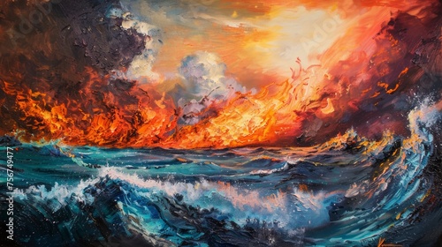 Extra Large Painting of Fiery Ocean Inferno Generative AI