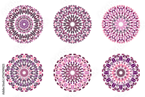 Colorful floral mandala logo set - abstract round geometrical vector graphics from gravel stones