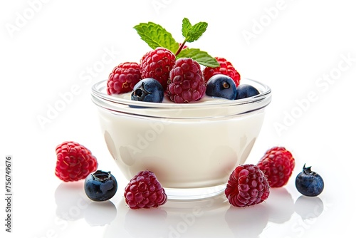 Bowl with fresh mixed berries and yogurt on white background