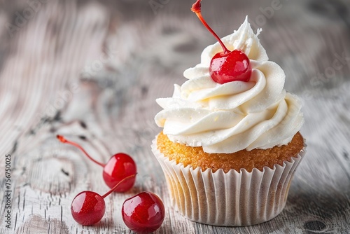 Tasty cupcake with butter cream and red cherry on wooden table