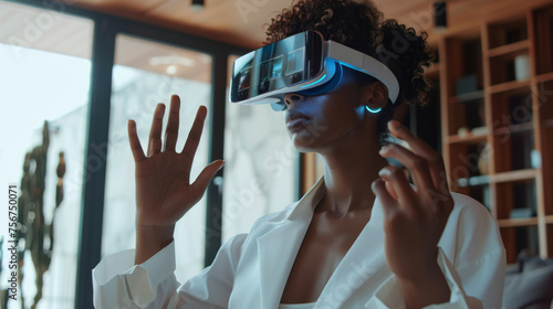 African American woman in white augmented virtual reality glasses gesticulates with her hands while controlling a virtual screen while standing in a modern home photo